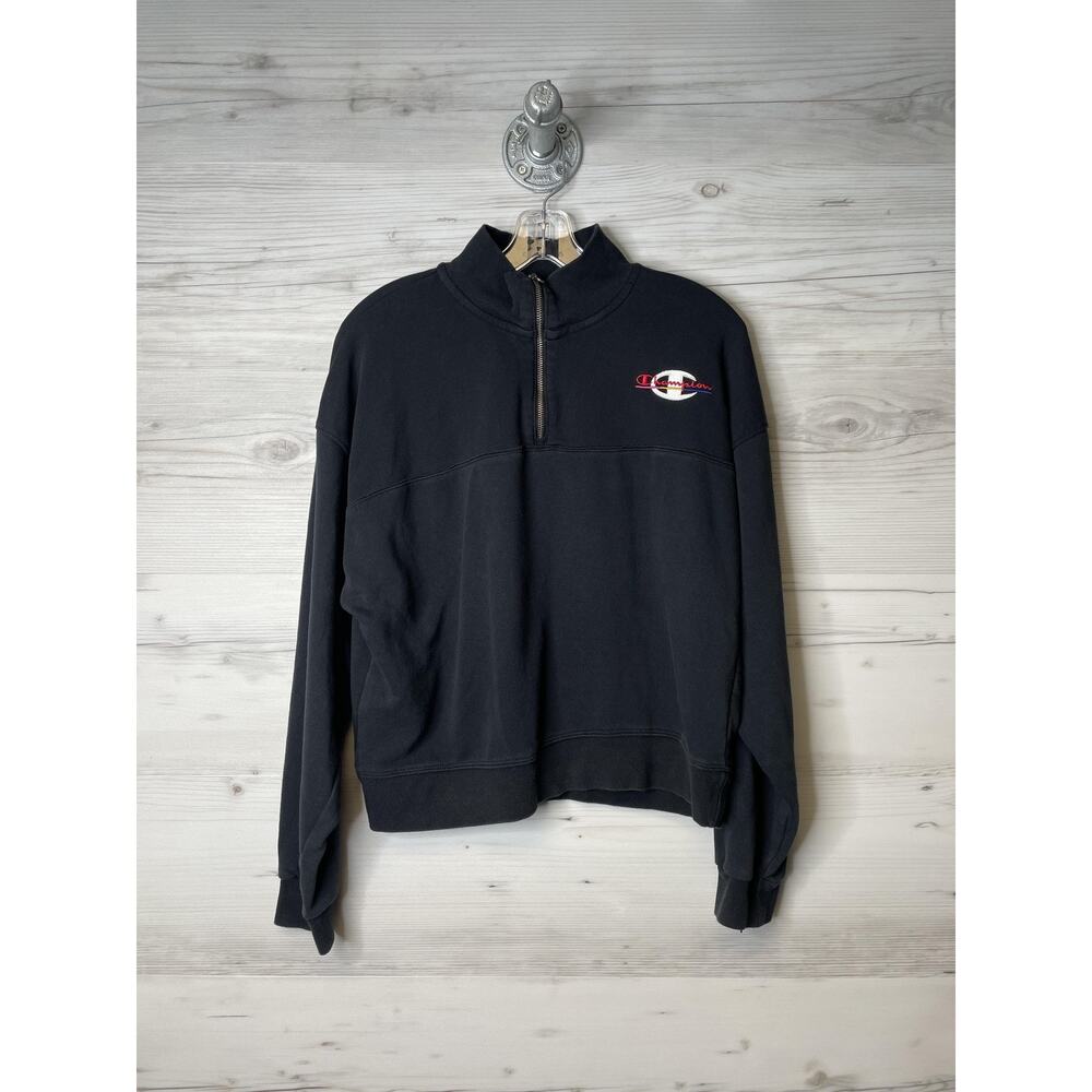 Champion Pullover Sweater Womens Medium Quarter Zip Athletic Black Embroidered